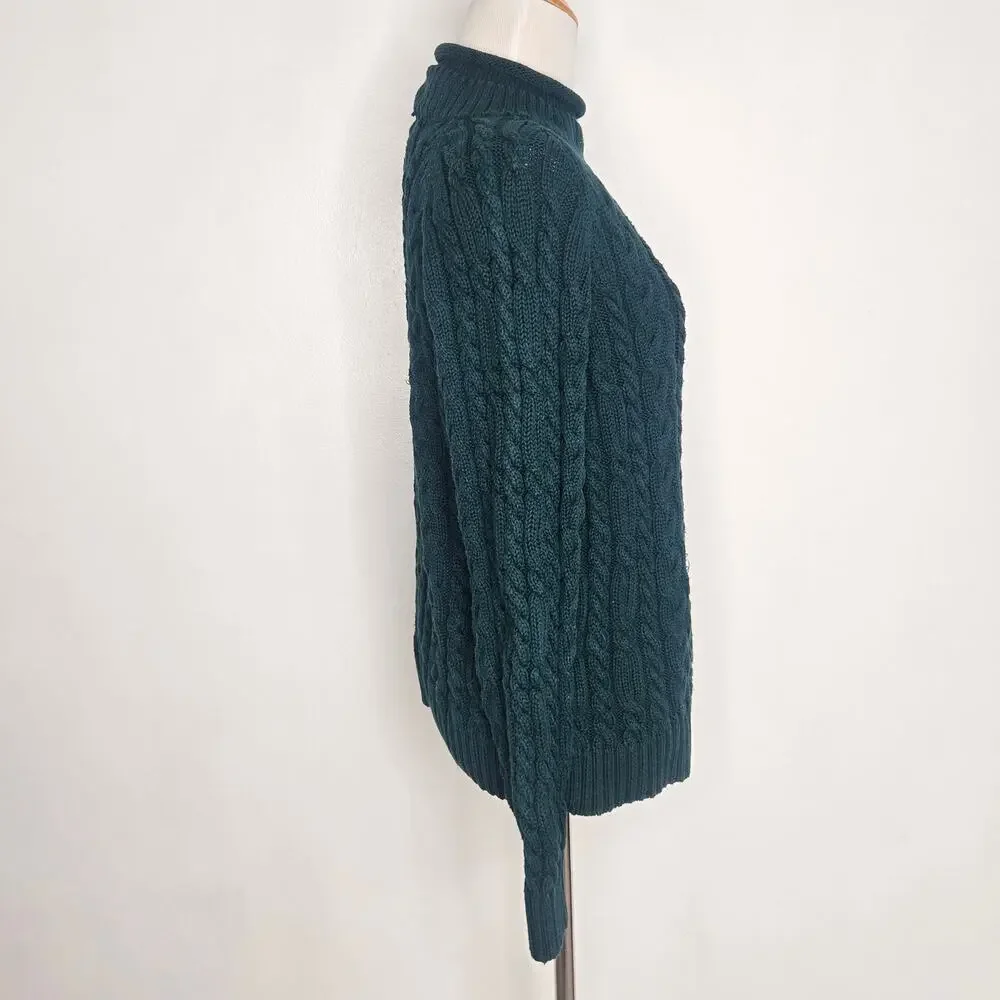 Vintage Roll Neck Cable Knit Sweater Chunky Green Heritage Women Medium
